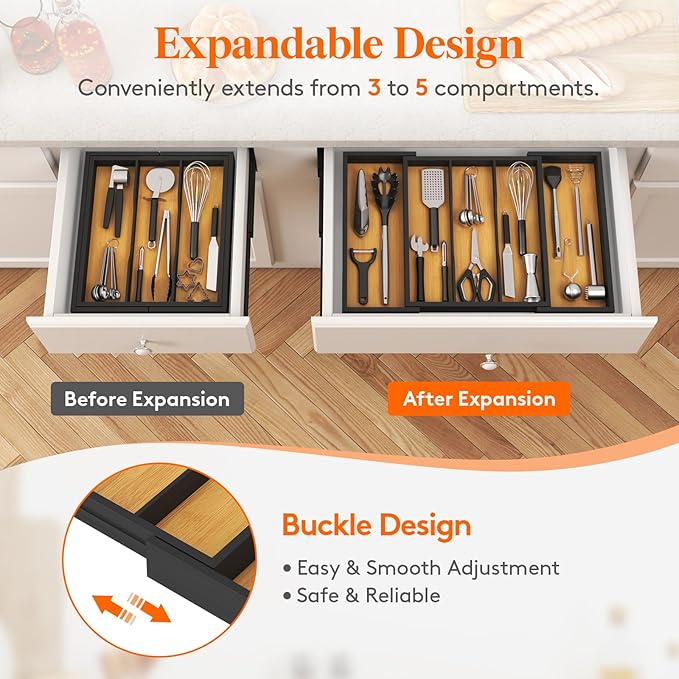 Lifewit Utensil Organizer for Kitchen Drawer, Expandable Cooking Utensil Tray, Cutlery Silverware Flatware Holder, Wood Adjustable Spatula Tools Storage Divider, 33-56x38cm, Natural and Black