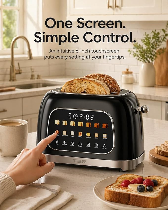 TER Touch Screen Toaster 2 Slice, 1.5" Wide Slot, Stainless Steel, Black | Smart Digital Retro Toaster for Bagel & Thick Breads, 7 Bread Modes & 7 Browning Levels, Memory Function, Defrost & Reheat