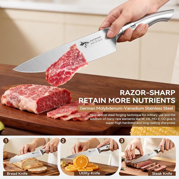 MAD SHARK Knife Set, Kitchen Knife Block Sets 8Pcs | High Carbon Stainless Steel, Ultra Sharp Kitchen Knives Sets, Non-Slip Ergonomic Handle,Includes Drawer Organizer, Gift Box
