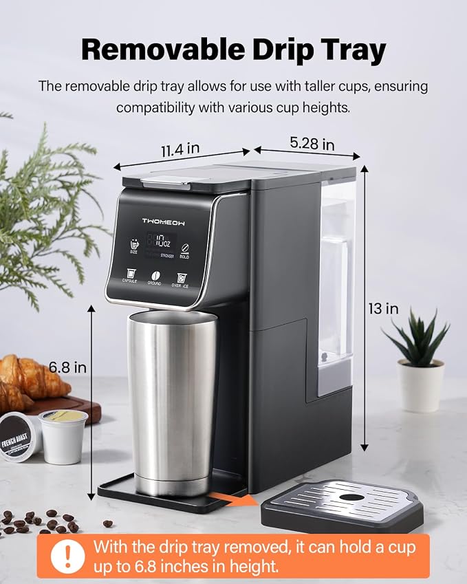 K Cup Coffee Maker With Bold Setting, Single Serve Hot & Iced Coffee Maker for K-Cup and Grounds, 52 Oz Removable Water Tank, 6 to 14oz Brew Size, Pod Coffee Machine With Reusable Filter, Gray