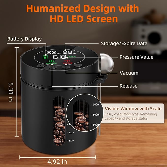 Automatic Vacuum Coffee Canister, 0.8L Coffee Container with LED Display | Smart Pressure Sensor,Window,Scoop Rechargeable Airtight Electric Coffee Bean Storage for Home Kitchen Ground Food Storage