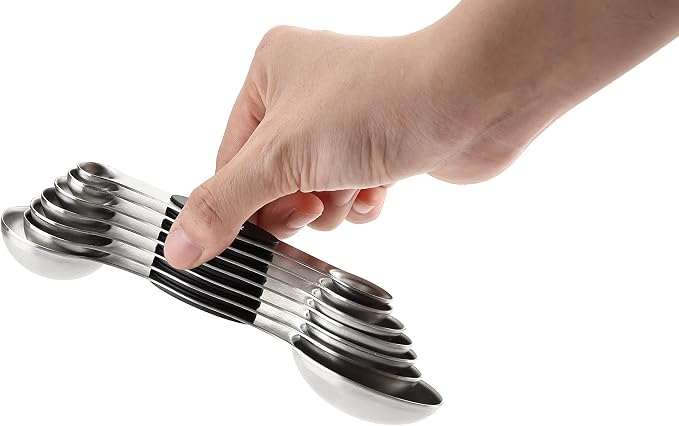 Spring Chef Stainless Steel 8 Magnetic Measuring Spoons Set, 2 Pack, Black | Dual Sided Metal Teaspoon & Tablespoon Measuring Spoons with Leveler for Dry & Liquid Ingredients, Nesting, Dishwasher Safe