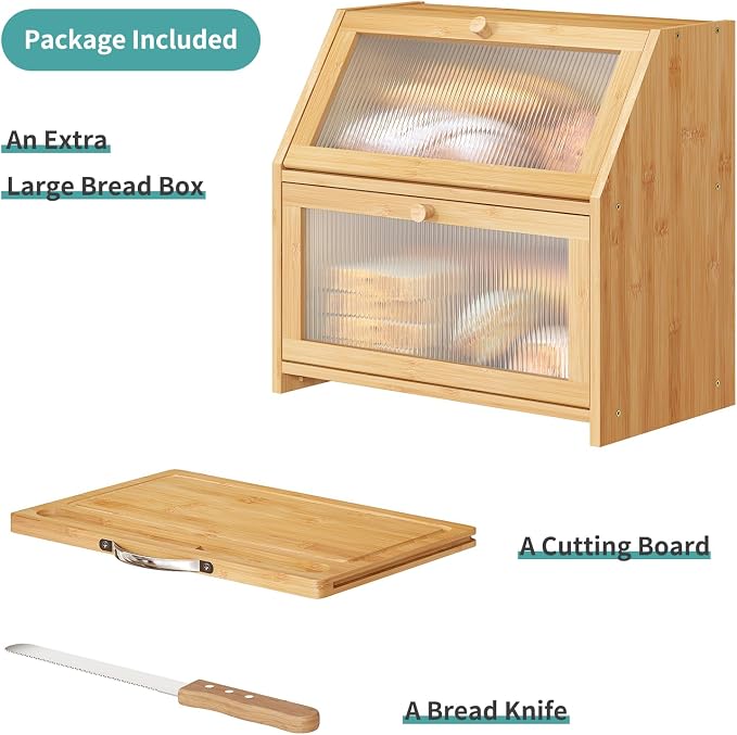 Extra Large Bread Box with Cutting Board Bamboo Wood Bread Box for Kitchen Counter, Double Layer Large Capacity Bread Storage Bin with Acrylic Wavy Door Panel (Natural)