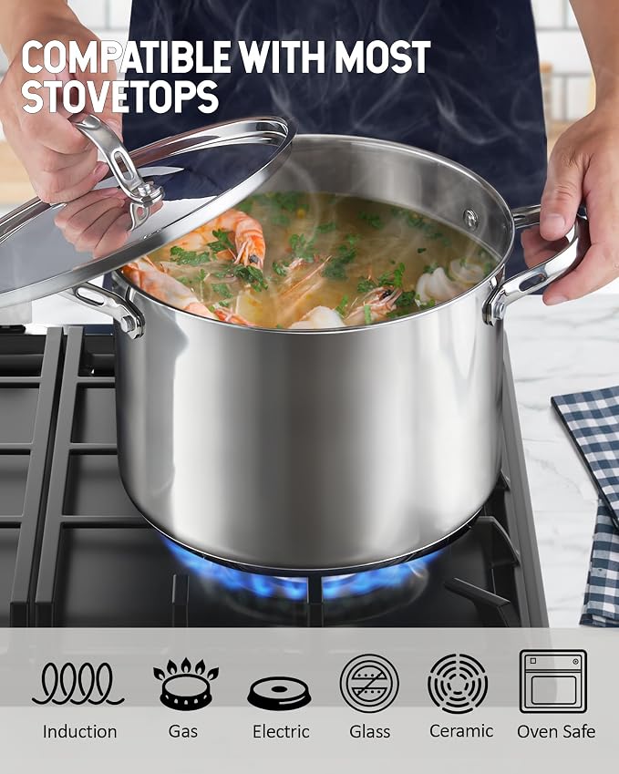 Cooks Standard Heavy Duty Stainless Steel Stock Pot - Large Deep Pot | 8 Quart Stainless Steel Stock Pot with Lid, Thick Bottom Deep Cookware for Pasta, Spaghetti, Canning & Family Meals