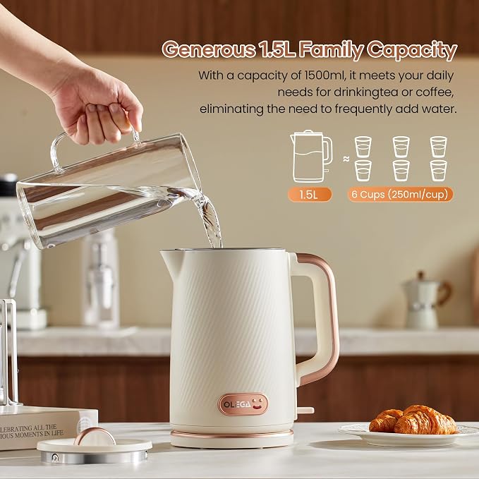 OLEGA Electric Kettle: 1200W Fast Boil Tea Kettles with Tea Infuser 1.5L | Stainless Steel Kettle; Electric Water Kettle with Strainer; Plastic Free Teapot; Auto Shut-Off Water Boiler