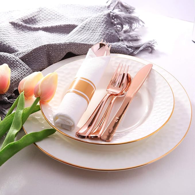 30 Pack Pre Rolled Rose Gold Plastic Silverware, Linen Napkin | Heavy Duty Disposable Wrapped Flatware Cutlery Set for Bridal Showers, Weddings, Birthdays & Graduations