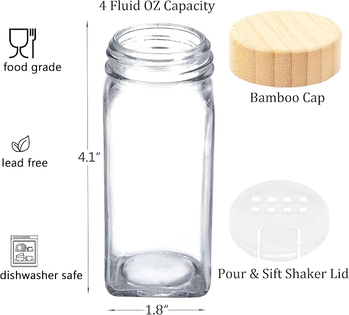 SWOMMOLY 48 Pcs 4 oz Glass Spice Jars with 806 Spice Labels, Bamboo Lids | Square Spice Bottle with Pour/sift Shaker Lid, Chalk Marker Funnel, Seasoning Storage Containers for Racks, Cabinets, Drawers