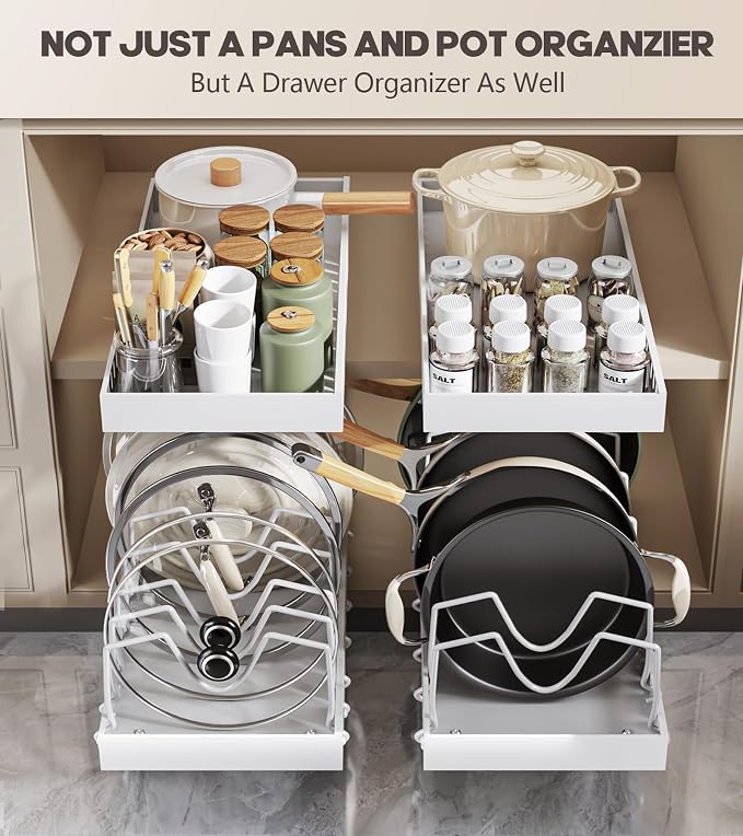 Lozovin Pull Out Pots and Pans Organizer Under Cabinet, Sliding Lid Holder and Pan Rack in Kitchen, Slide Out inside Cabinet Storage for Pot Lid, Bakeware, Dishes, 8 Adjustable Dividers, 2 Pack White