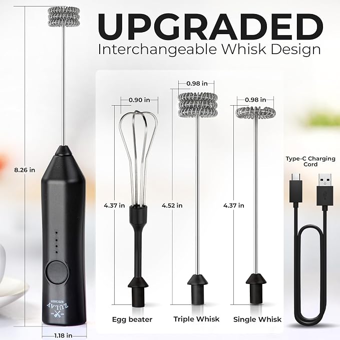 Zulay Kitchen Rechargeable Milk Frother Handheld - Frother Wand, Drink Mixer, Electric Whisk Frother, for Cappuccinos, Matcha & Protein Powder - Dynamic 3 Whisk, 3 Speed 500mAh Black