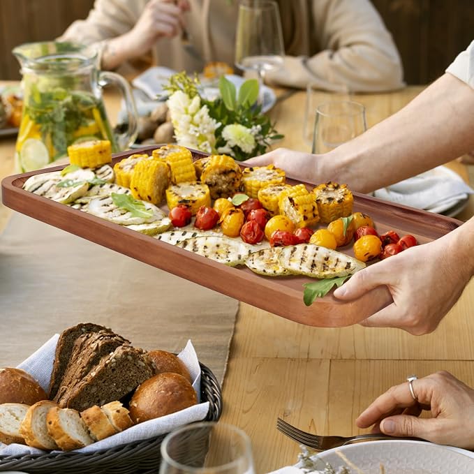 Large Wooden Trays for Serving Food Acacia Charcuterie Boards Party Platter | Rectangle Wood Cheese Trays Kitchen Counter Home Decor Fruit Appetizer Platters for Dessert Plates Long Cookie Snack Tray