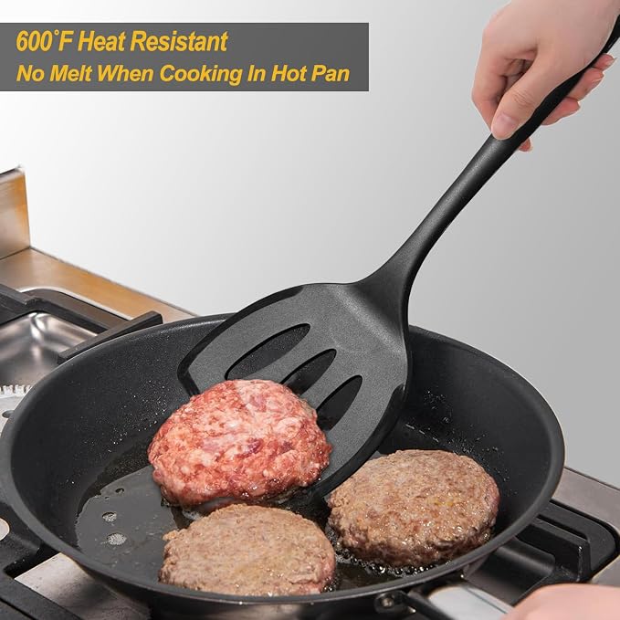Silicone Pancake Spatula Turner with Lengthened Handle& Seamless Design, Heat Resistant Slotted Flipper for Nonstick Cookware, Large Flexible Kitchen Utensils for Egg, Pancake, Burger, Slotted Black
