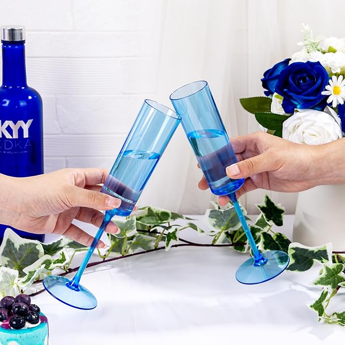 YOUBET 24Pack Blue Champagne Flutes Plastic for Party Birthday Wedding | 6 oz Blue Disposable Plastic Wine Toasting Glasses with Stem for Anniversary Celebrations