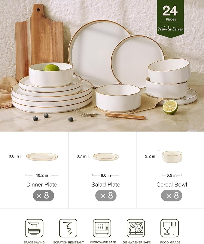 Famiware Nebula 24-Piece Dinnerware Set, Vanilla White with Brown Rim | Stoneware Dish Set for 8, Plates and Bowls, Microwave and Dishwasher Safe, Chip and Scratch Resistant