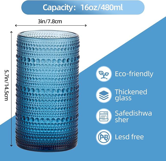 16oz Hobnail Drinking Glasses, Set of 6 Blue Tumblers | Vintage embossed large capacity highball glasses for water, cocktail, beer, whiskey, juice and bar use