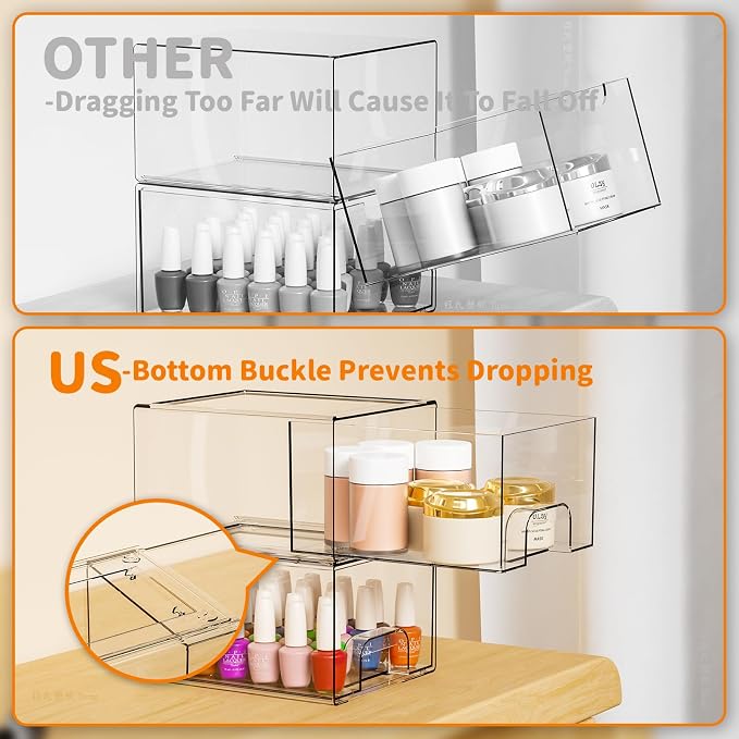 2 Pack Clear Stackable Storage Drawers,4.4'' Tall Acrylic Drawer Containers for Organizing,Bathroom Organizers and Storage Bin Box,Plastic Makeup,Medicine Organizer Bins for Cabinet,Undersink