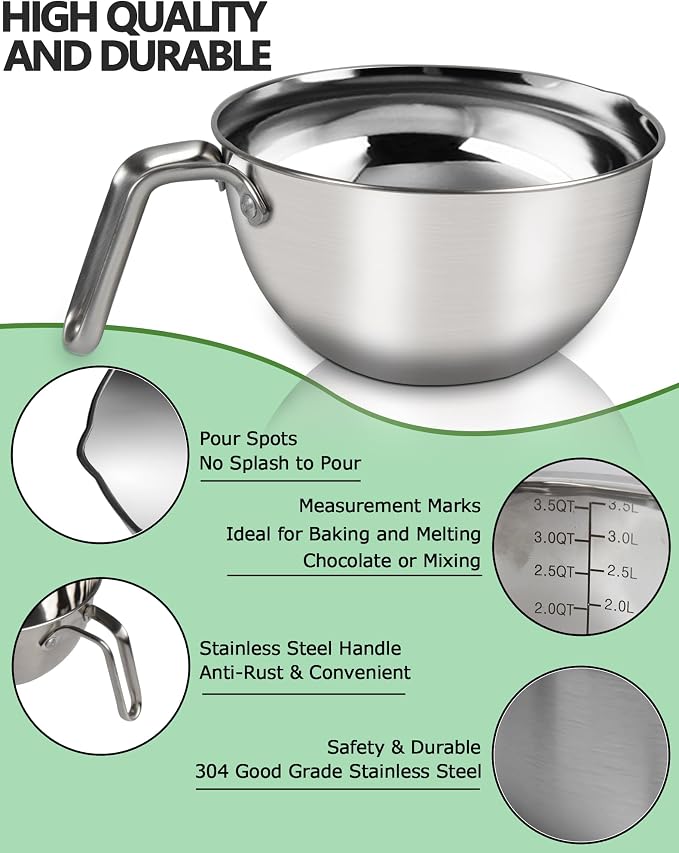 3.1QT Double Boiler Chocolate Melting Pot with 4.5QT Stainless Steel Pot | 304 food-grade steel, rust-proof. Melt chocolate, butter, candy, wax, soap. Stovetop safe, Dishwasher safe
