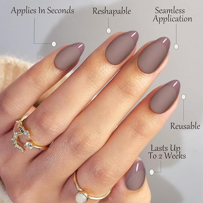 Press On Nails,Brown,Short Almond,Glossy French Tips With Matte | Salon-Quality Natural Nails, 10-Minute Easy Daily Application,2+ Weeks Wear, Fast Removal, 16 Sizes, All-in-One Complete Kit