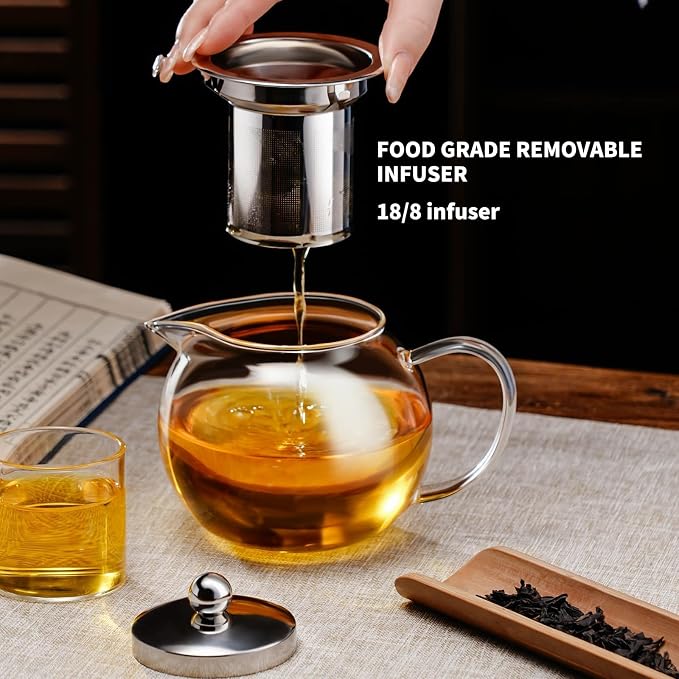 PARACITY Tea Pot with Infuser, 34 oz Stovetop Glass Tea Kettle, Round Body | Borosilicate construction and removable 18/8 stainless steel strainer support blooming, herbal and loose leaf brewing