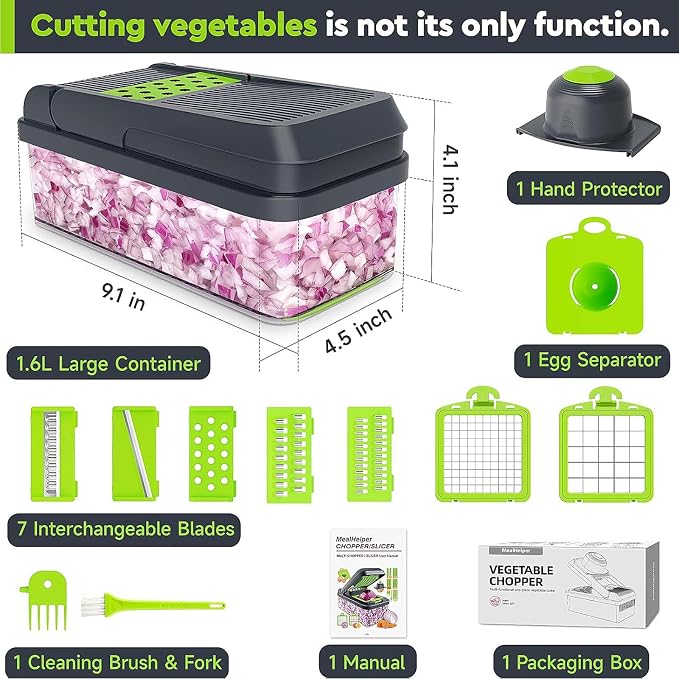MealHelper 12-in-1 Vegetable Chopper, Food Veggie Chopper With Container | Kitchen Prep Tool, Cheese Grater, Home Essentials & Kitchen Gadgets, with Sharp Stainless Steel Blades(7 Blades, Green)