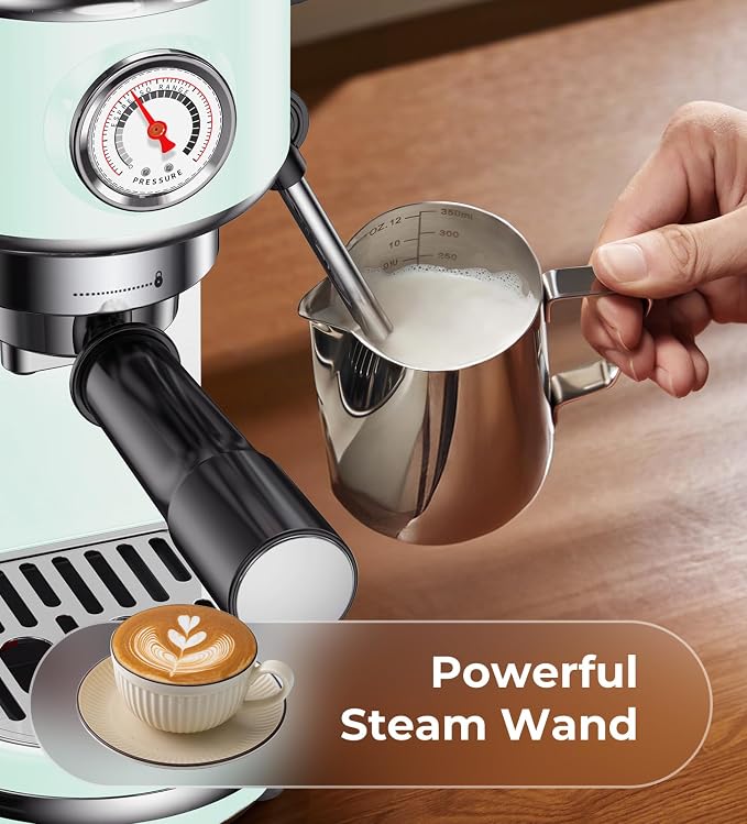 atatix 20 Bar Espresso Machine with Milk Frother, Compact Espresso Maker | Stainless Steel Coffee Machine with Precise Temp Control & 44oz Removable Water Tank for Latte, Cappuccino, Light Green