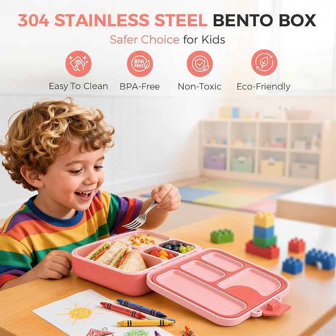 Kids Stainless Steel Bento Lunch Box, 4 Compartments | Leak-Resistant 4 Cups Lunch Container for Ages 4+ with Easy-Open Latch, Removable Seal & Meal Feedback Icon