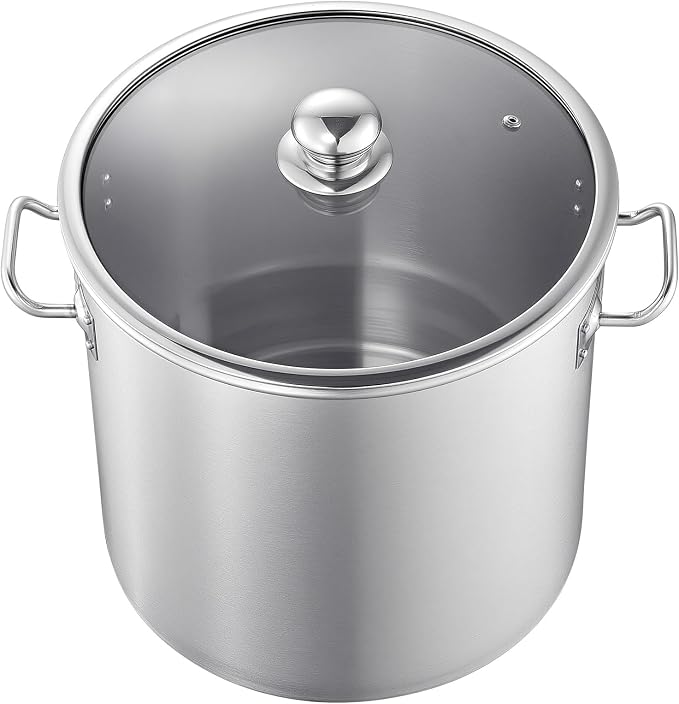 VEVOR Stainless Steel Stock Pot, 21-Quart Stainless Steel Stockpot with Glass Lid, PFOA-Free, PFAS-Free, Compatible with Gas Stoves, Induction Cooktops, Electric Stoves, for Soups, Stews, and Pasta