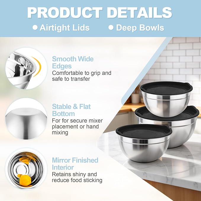 TeamFar Mixing Bowls, Stainless Steel Nesting Salad Bowls & Airtight Lids | For Serving/Mixing/Storing, Healthy & Long-lasting, Dishwasher Safe & Easy Clean, 4.6/3 / 1.5 QT, Black