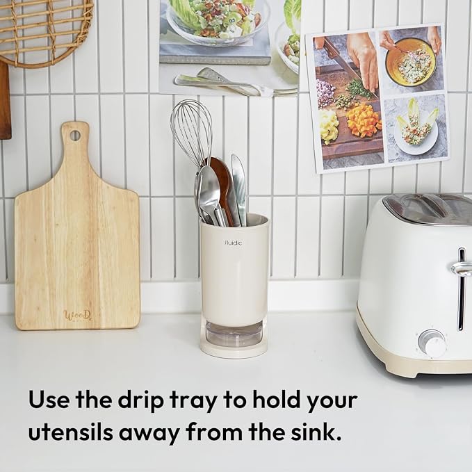 Self-Draining Utensil Drying Holder - Beige | Small Utensil Cutlery Flatware Silverware Holder Drainer Cup for Kitchen Counter