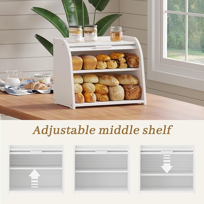 Kitsanery Bread Box for Kitchen Countertop, Bamboo Bread Storage, Double-Layer Roll-Top Bread Container, Farmhouse Bread Holder for Homemade Bread (White, double layer)