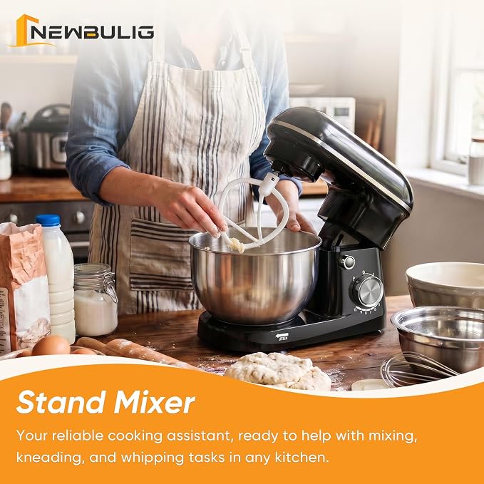 NEWBULIG Stand Mixer 4.2QT, Kitchen Electric Mixers Alternative | 10-Speed Dough Hook, Whisk, Beater & Splash Lid, Multi-Cover for Baking, Cakes and Home Cooking Needs