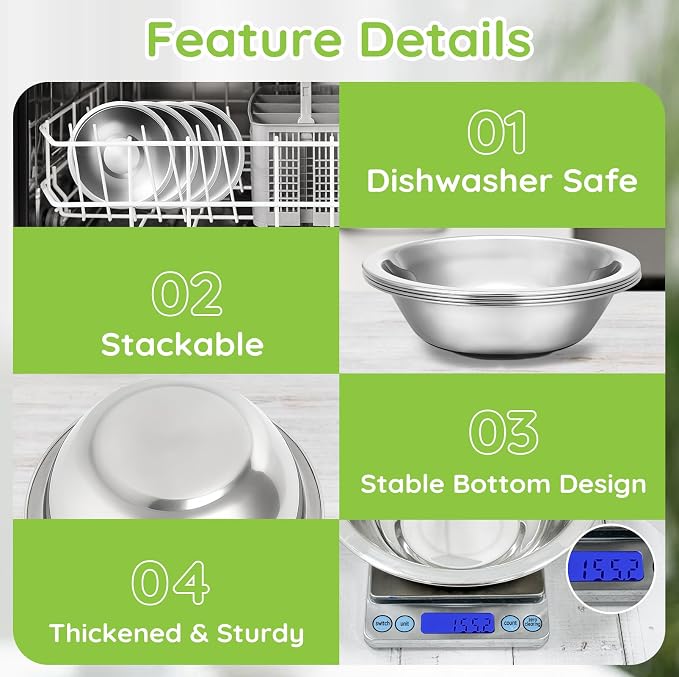 304(18/8) Stainless Steel Mixing Bowls for Kitchen, 10 Pack 7.8" 28.89 fl.oz Metal Mixing Bowls Set Stackable for Baking Serving Cooking Food Prep Storage Dishwasher Safe Heavy Duty
