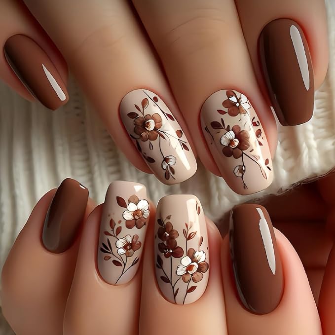 Fall Press on Nails Medium Square Fake Nails with Flower Full Cover Designs Nails Press ons Brown Glue on Nails Glossy Stick on Nails for Women 24 Pcs