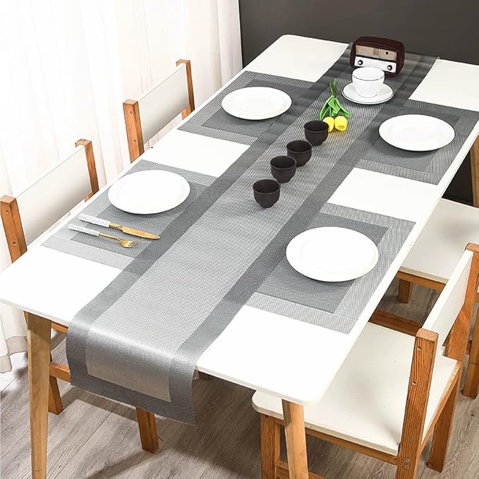 PIGCHCY Modern Elegant Placemats Set of 6 and Table Runner Washable Vinyl Placemats Non-Slip Durable Table mats Sets (6 Placemats+1 Table Runner, Silver)