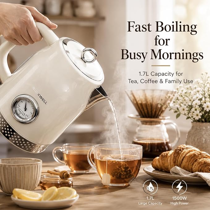 Retro Electric Kettle, 1.7L, 304 Stainless Steel, Off-white | Tea Kettle With Temperature Gauge, 1500W Fast Boiling, Auto Shut-Off & Boil-Dry Protection, BPA-Free