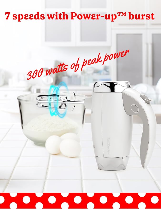 Betty Crocker 7-Speed Power-Up™ Hand Mixer with Stand, BC-4208W, White | 300 Watt Electric Mixer with Beaters and Dough Hooks, Ergonomic Electric Hand Blender for Home & Kitchen with Stand