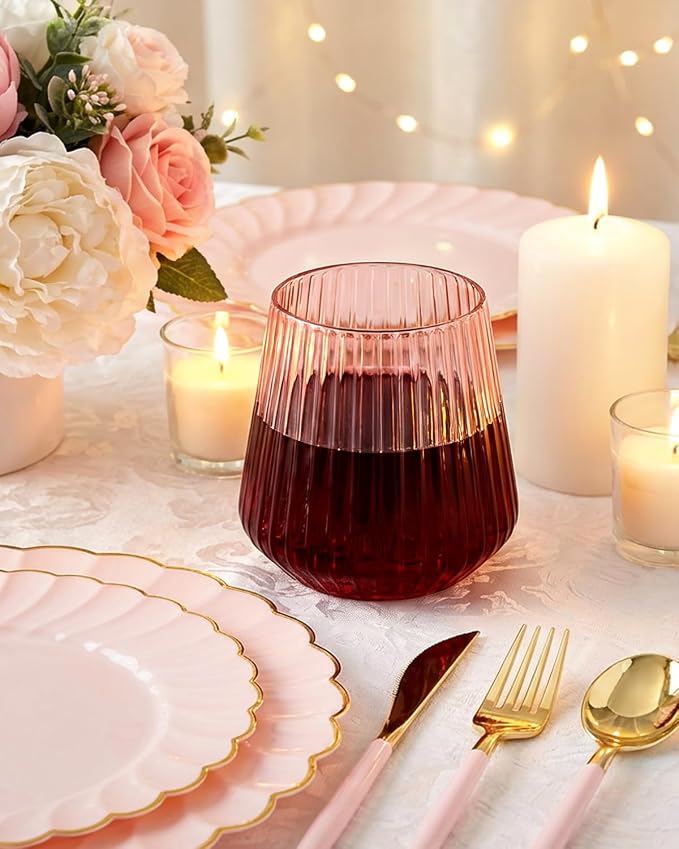Ciaell 30 Pack Pink Plastic Wine Glasses for Weddings Parties | 12 oz Clear Pink Ribbed Origami Stemless Wine Cups, Heavy Duty Plastic, Champagne Wine Cocktails Whiskey for Baby Showers