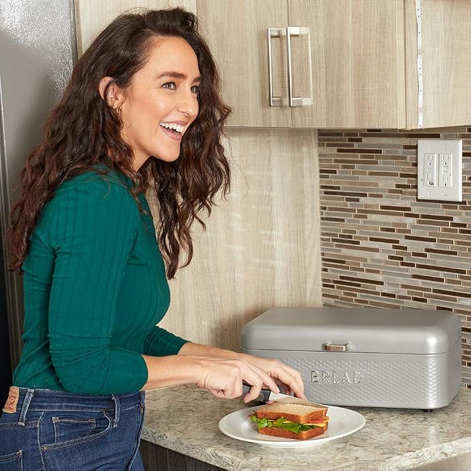 Soho Bread Box For Kitchen Countertop, Metal, (Grey) | By Home Basics, Vented With Hinge Top | Large Bread Box | Keeps Loaves, Bagels, Croissants Fresh