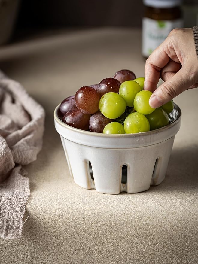 Gomakren Ceramic Berry Basket Set of 2, Fruit Bowl Colanders 5.8 Inch White | Drain Holes Keep Berries Fresh, Stackable Space-Saving, Dishwasher Safe, Versatile Fruit Serving & Farmhouse Kitchen Decor