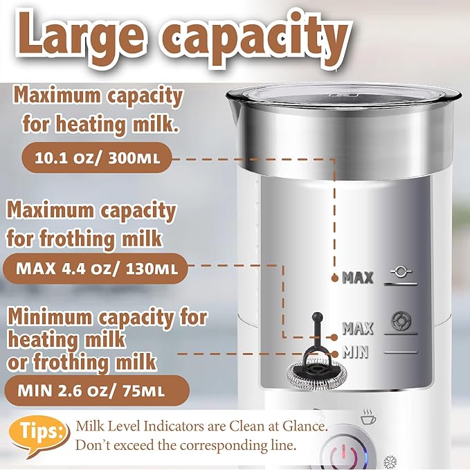 4 in 1 Milk Frother，Electric Milk Frother and Steamer 300ml，Fast Frothing | Stainless Steel Inner,Automatic Hot& Cold Foam Maker and Milk Warmer For Latte, Cappuccinos, Macchiato（White）