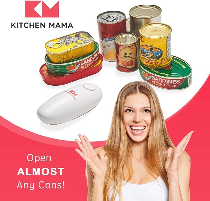 Kitchen Mama Auto Electric Can Opener, White | Automatic, Hands Free, Smooth Edge, Food-Safe, Battery Operated