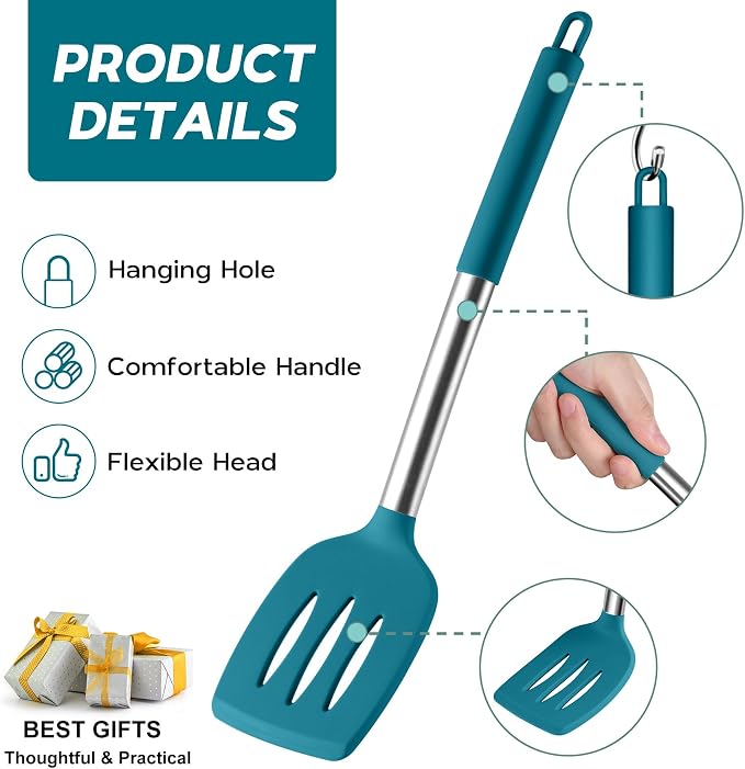 Onader 15pcs Kitchen Cooking Utensils Set with Holder, Onader Heat Resistant Silicone Kitchen Utensils Spatula Set with Stainless Steel Handle - Blue