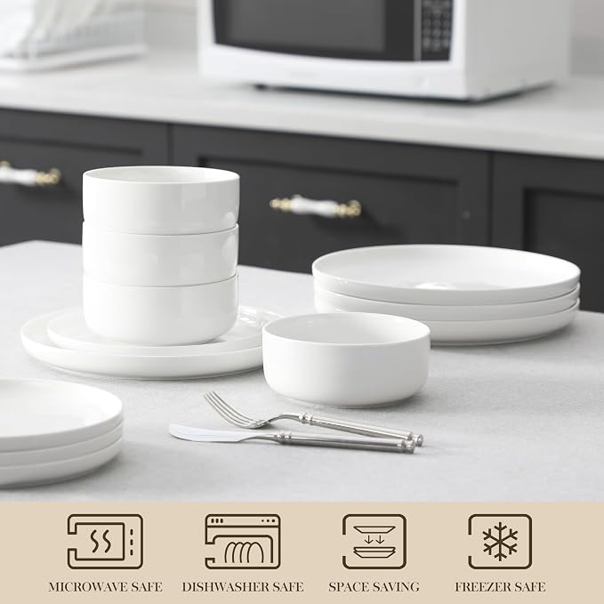 MALACASA Plates and Bowls Sets, 24 Pieces Modern Porcelain Dinnerware Set for 8, Ceramic Dishware Dishes White Kitchen Dinner Dining Ware Set, Microwave and Dishwasher Safe, Series LUNA | Modern Ceramic Dishware,Kitchen Dining Ware,Microwave and Dishwa...