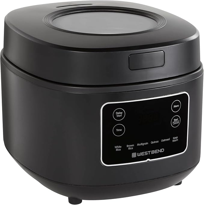 West Bend Programmable Rice & Grain Cooker with 7 Preset Functions, Includes Delay Start and Keep Warm, Features Easy View Window & Steam Basket, 12 Cups Cooked (6 Uncooked), Black
