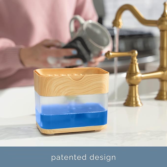 S&T INC. Dish Soap Dispenser and Sponge Holder, Plastic Bamboo | Patented Design, Holds 13 Fluid Ounces, Sponge and Waterproof Labels Included, Non-Slip Feet