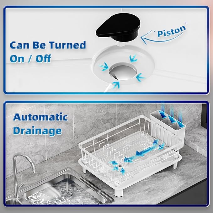 Dish Drying Rack, Stainless Steel-Dish Rack, (White-11 W x 15" L) | Dish Racks for Kitchen Counter, Kitchen Dish Drainers with Removable Utensil Holder,New drain outlet,