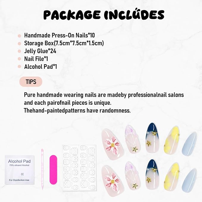 Handmade Press on Nails 3D Pink White Flower Fake Nails Salon Quality Medium Almond Acrylic Nail French Summer Starfish False Nails Designs Full Cover Stick on Nail for Women（Size S）