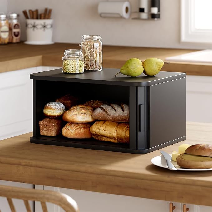 WOWLIVE Roll Top Bread Box for Kitchen Countertop, Bamboo Bread Storage | Airtight Bread Containers, Large Bread Bin with Sliding Door for Loaves, Bagels, Countertop Storage Cabinet, Black, Medium