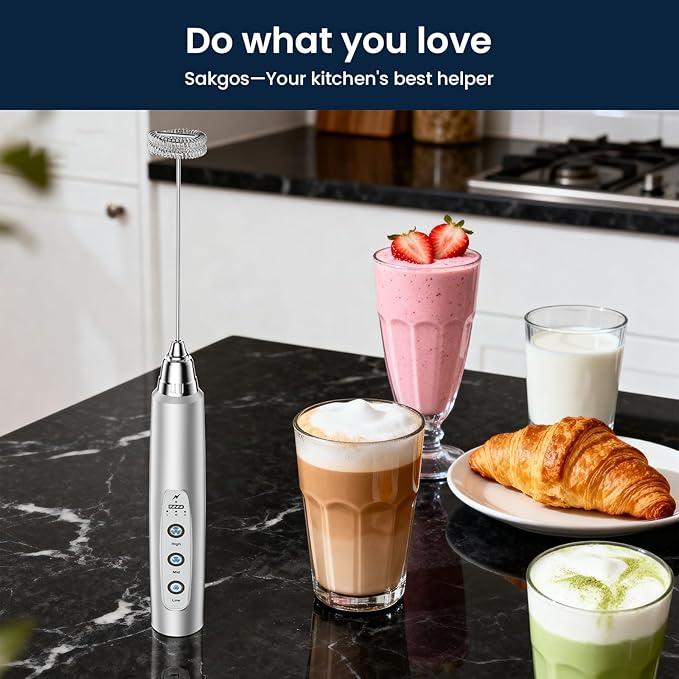 Milk Frother Wand Rechargeable Handheld Electric Whisk 3 Speed Adjustable | Coffee Frother Wand with 3 Stainless Whisks Electric Foam Maker Drink Mixer Blender for Latte Cappuccino Matcha Egg