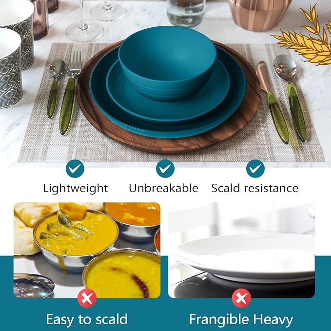 Teivio 32-Piece Plates and Bowls Sets for 8, Wheat Straw Dinnerware Sets | 13.5oz Cups, Plastic Unbreakable Dish Set, Dishwasher, for Outdoor Camping RV Kitchen Dinning Dorm Essentials, Dark Teal