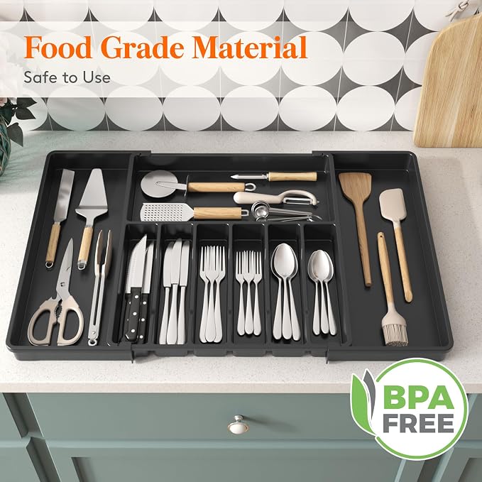 Lifewit Silverware Drawer Organizer, Expandable Utensil Tray for Kitchen, BPA Free Flatware and Cutlery Holder, Adjustable Plastic Storage for Spoons Forks Knives, 17- 30 x 18.5", Black